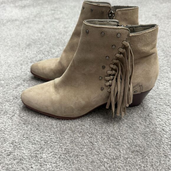 Sam Edelman Fringe Studded Suede Leather Ankle Boots Womens 6M Taupe Low Heel - Picture 3 of 14